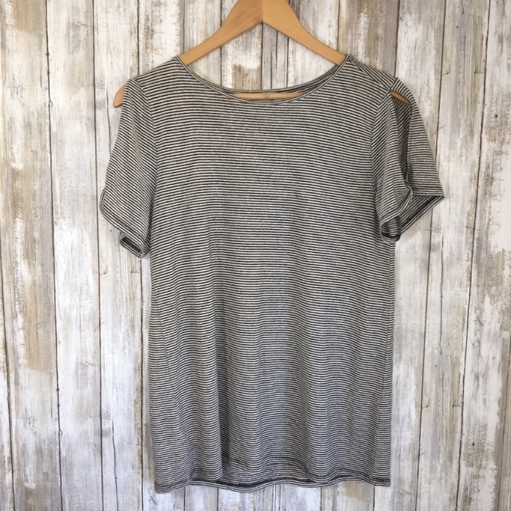 LOFT Linen Blend Striped Cold Shoulder Shimmer Top Small